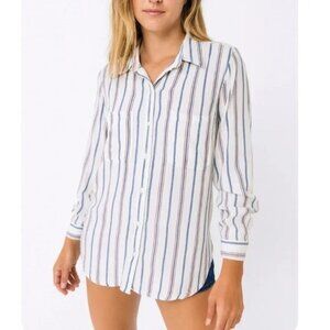 Liverpool top blouse shirt red white blue stripe button up collar